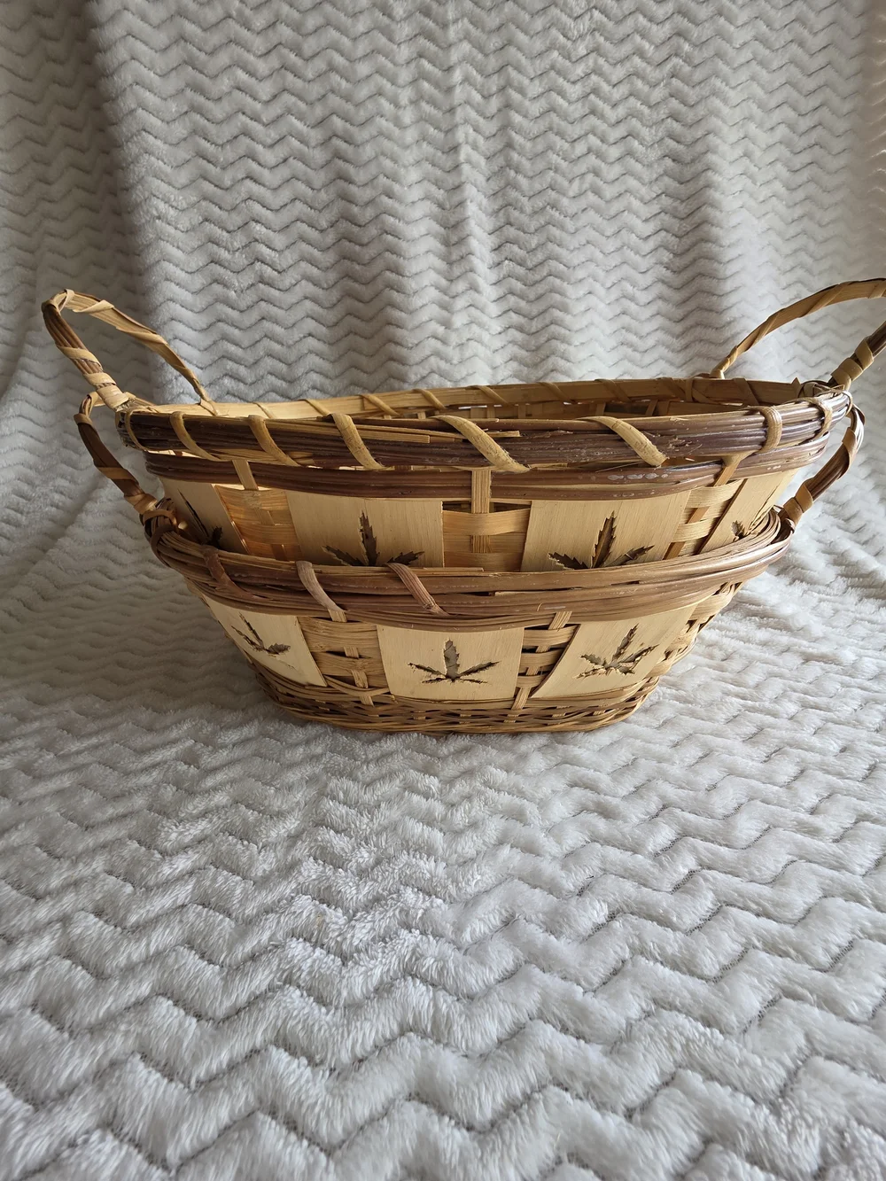 Handwoven Natural Brown Wicker Basket with Leaf Design